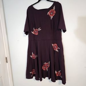 Plum purple cotton stretch knit embroidered fit & flare dress eShakti Plus 20W